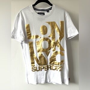 Superdry Premium White Gold Foil Graphic Tee | London NYC | Size S